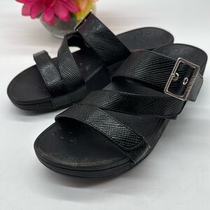 Vionic Rio Lizard Black Wedge Orthotic High Arch Sandals Size 8 BSN7202A